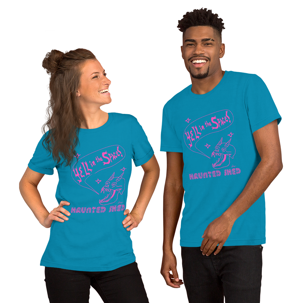 Haunted Shed 'Yell in Space' Unisex T-Shirt - Blue & Pink