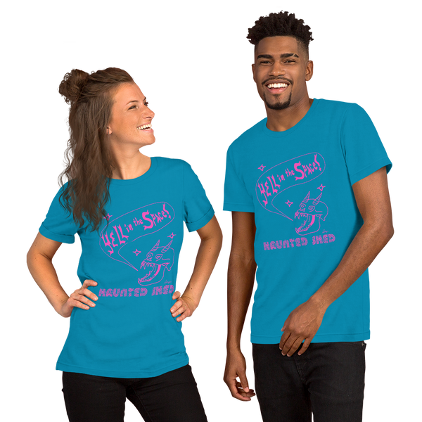 Haunted Shed 'Yell in Space' Unisex T-Shirt - Blue & Pink