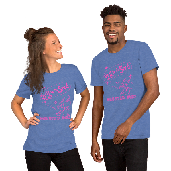 Haunted Shed 'Yell in Space' Unisex T-Shirt - Light Blue & Pink