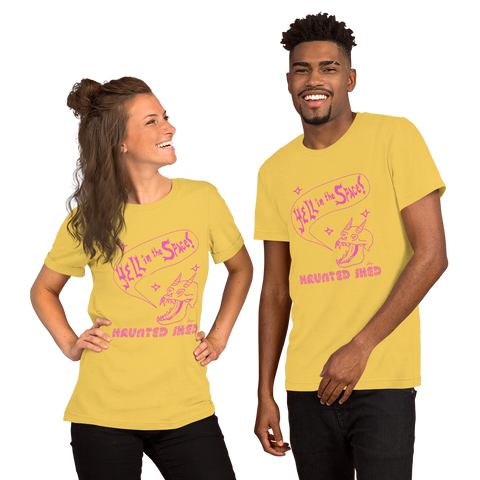 Haunted Shed 'Yell in Space' Unisex T-Shirt - Yellow & Pink