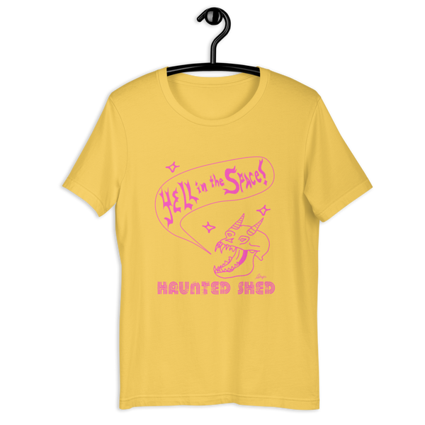 Haunted Shed 'Yell in Space' Unisex T-Shirt - Yellow & Pink